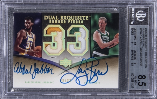 2005-06 UD "Exquisite Collection" Dual Number Pieces #DNAB Kareem Abdul-Jabbar/Larry Bird Dual-Signed Game Used Patch Card (#28/33) – BGS NM-MT+ 8.5/BGS 10